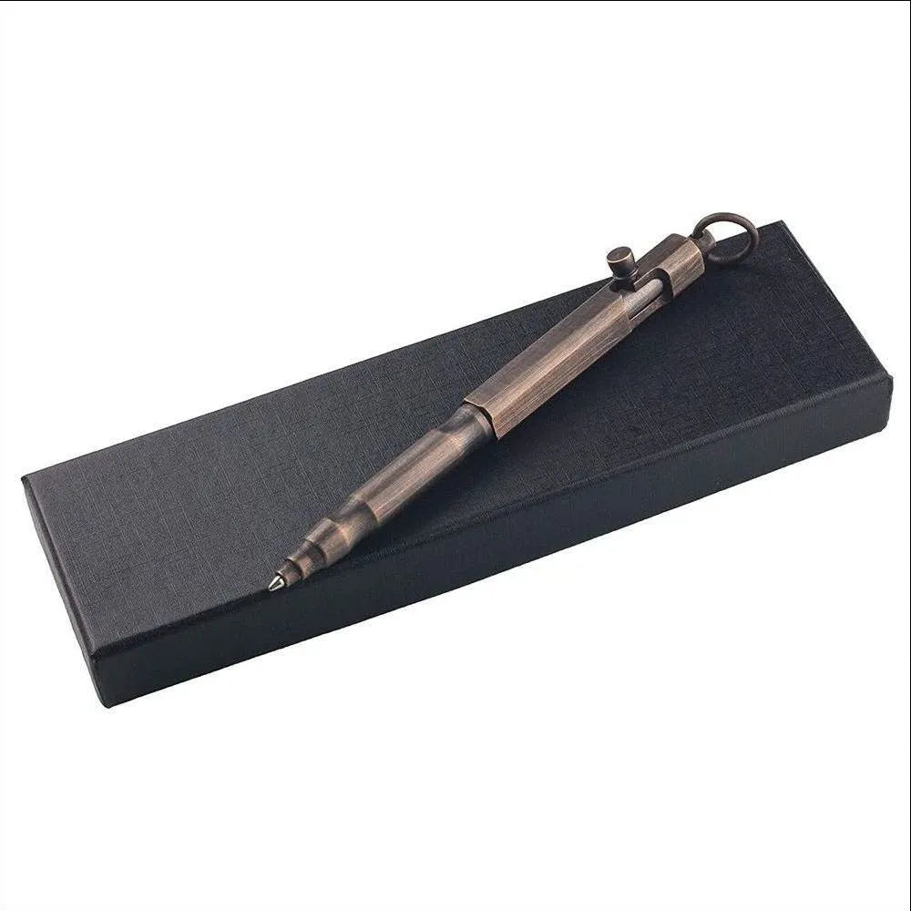 Solid brass tactical pen with hexagonal bolt design on barrel.