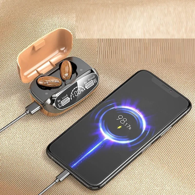 M35 wood grain Bluetooth wireless earphones with charging case on display