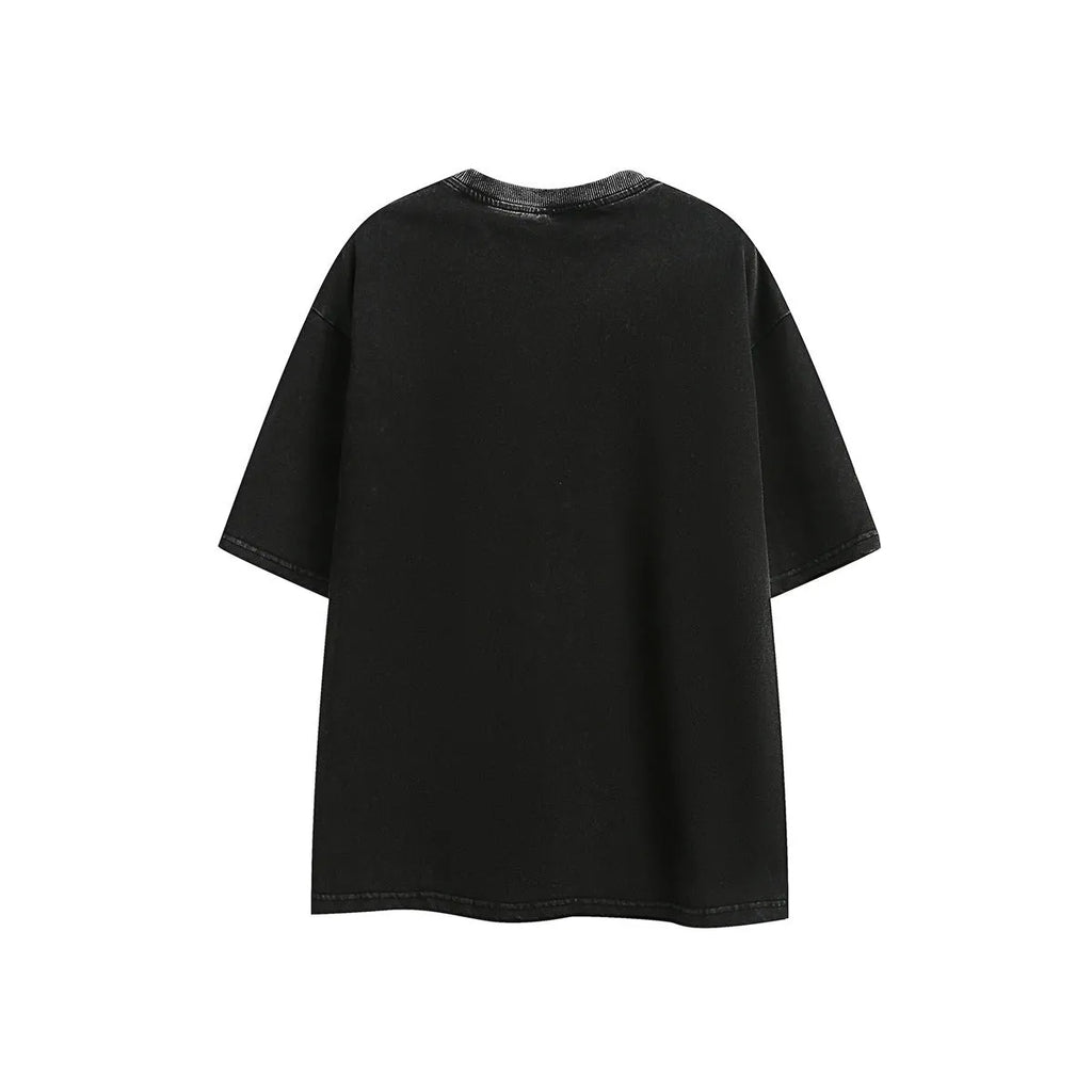 Embroidered washed purple and black loose-fit retro cotton short-sleeved t-shirt.