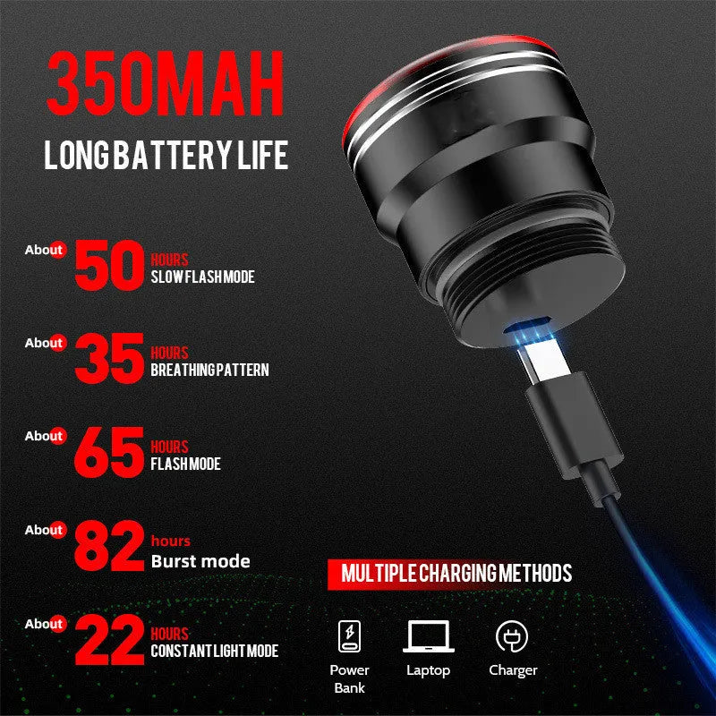 Black USB rechargeable smart brake sensing bicycle taillight with aluminium housing showing multiple LED modes