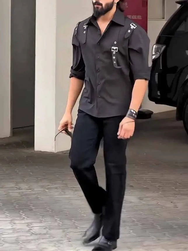 A man's black utility-style button-up shirt with a regular fit, made from polyester fabric.