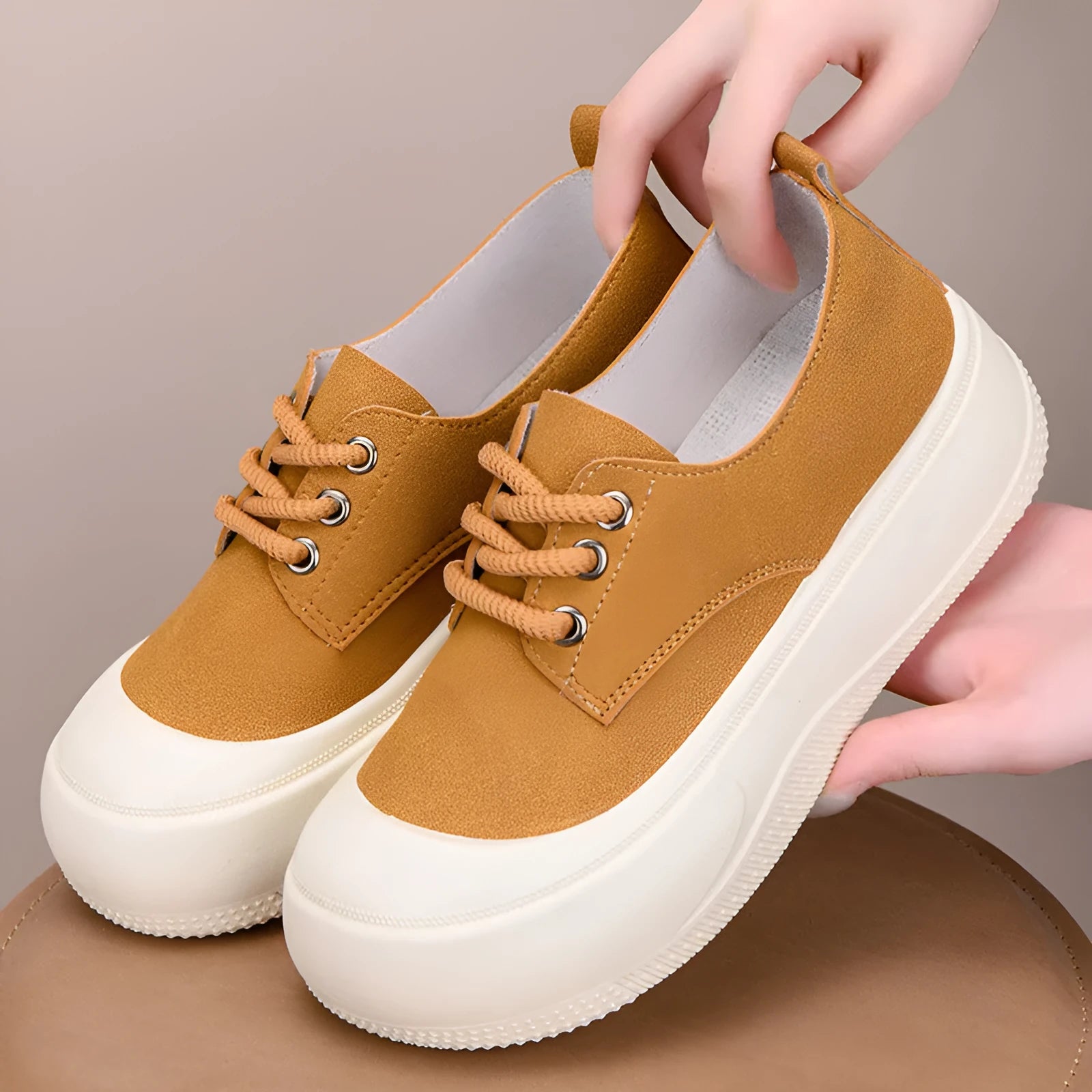 Women's camel suede platform loafers with 4cm height increase and flat rubber soles