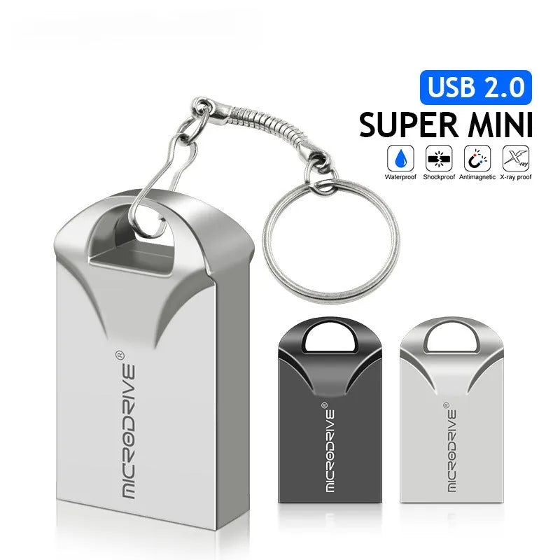 Mini metal USB flash drive in black and silver colours showing compact size