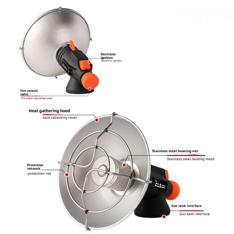 Black and orange mini portable outdoor heating stove with automatic ignition on a table.