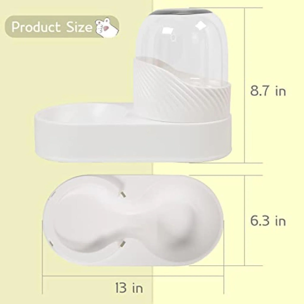 White automatic cat feeder and water dispenser set, each with 2L capacity and wave-shaped design.