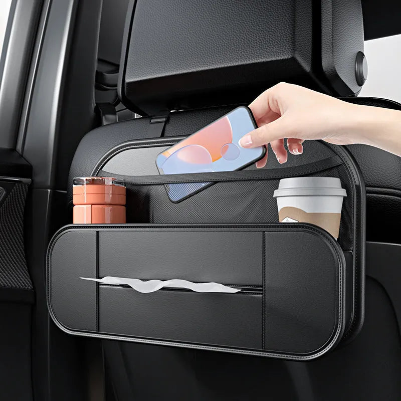 Black leather car seat rear storage bag with adjustable compartments