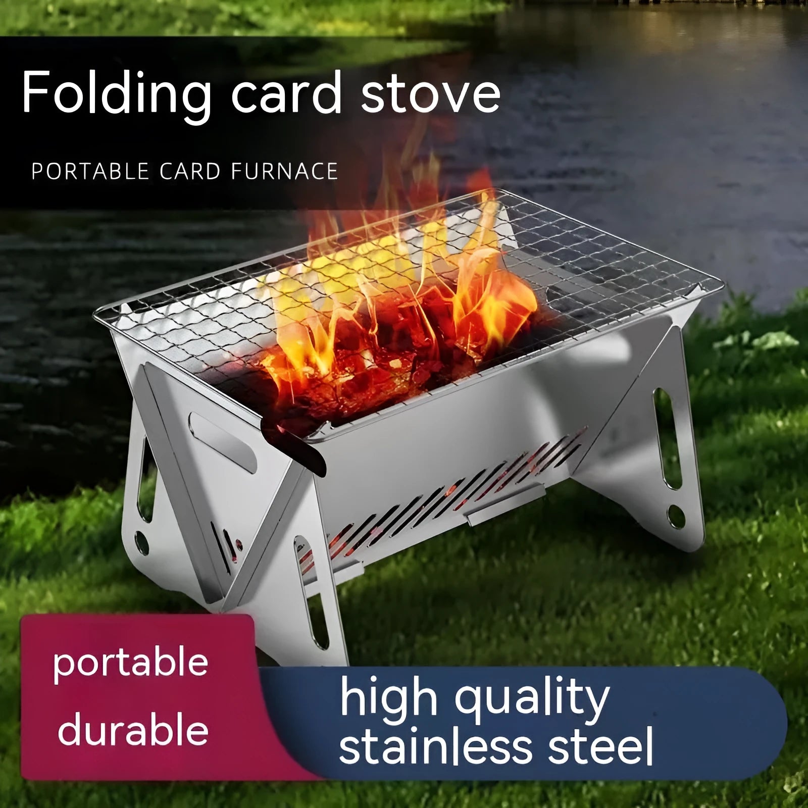 Stainless steel folding barbecue oven with large grill and storage bag for outdoor cooking