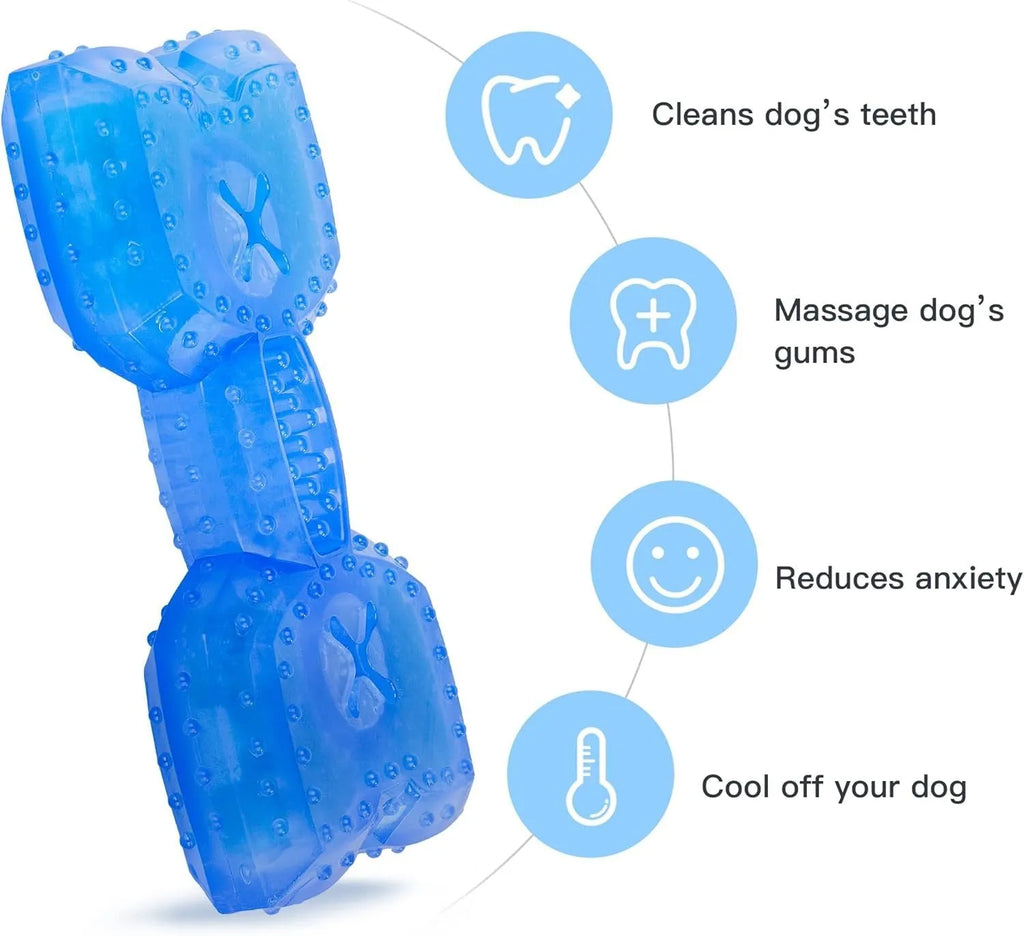 Freezable non-toxic dog chew toy in bone and circle shapes for teething and cooling.
