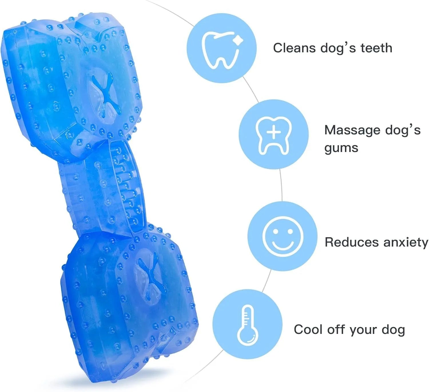 Freezable non-toxic dog chew toy in bone and circle shapes for teething and cooling.
