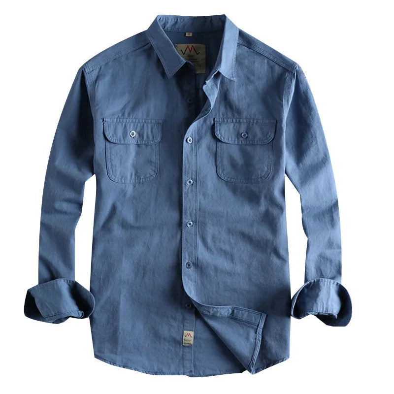 Men's light blue cotton long sleeve cardigan-style shirt on a hanger.