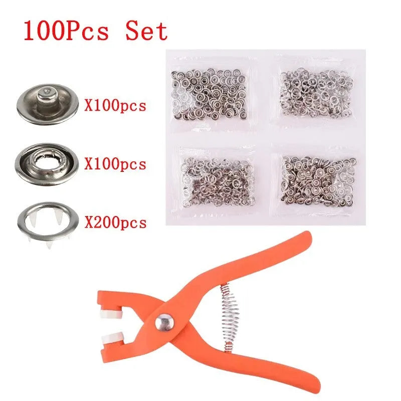 Stainless steel five claw no-sew suit buttons with pliers tool for children's clothing.