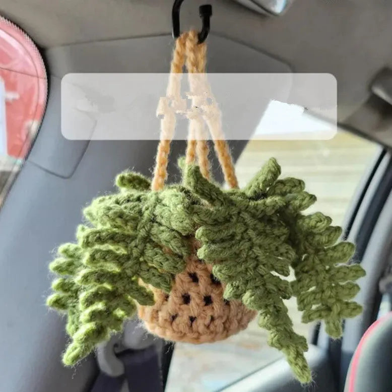 Knitted green and white car plant decoration with hanging rope