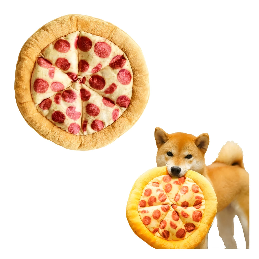 Yellow teddy bear shaped dog chew toy designed as a pizza slice with a textured surface