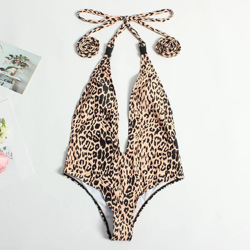 Women's leopard print bandage style one-piece swimsuit with backless design