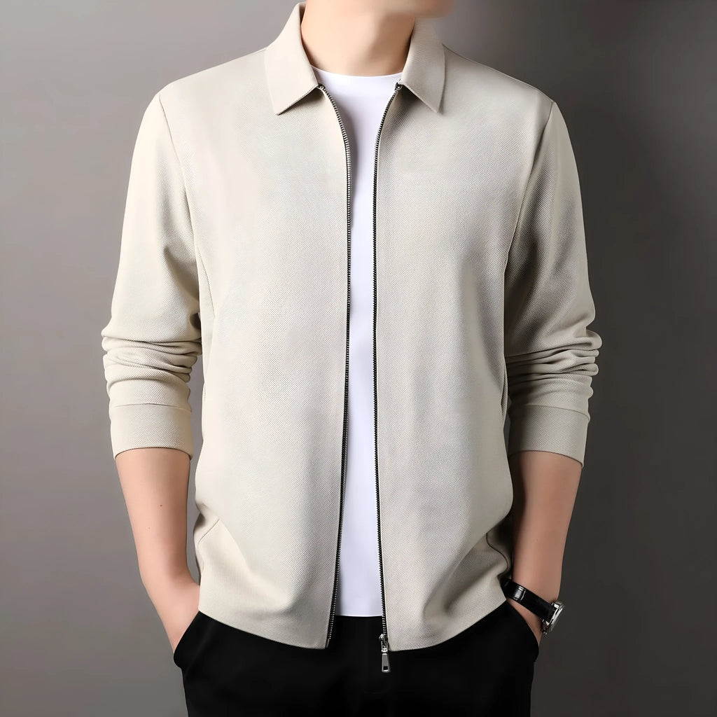 Men's polyester business casual jacket in black colour with straight hem and long sleeves