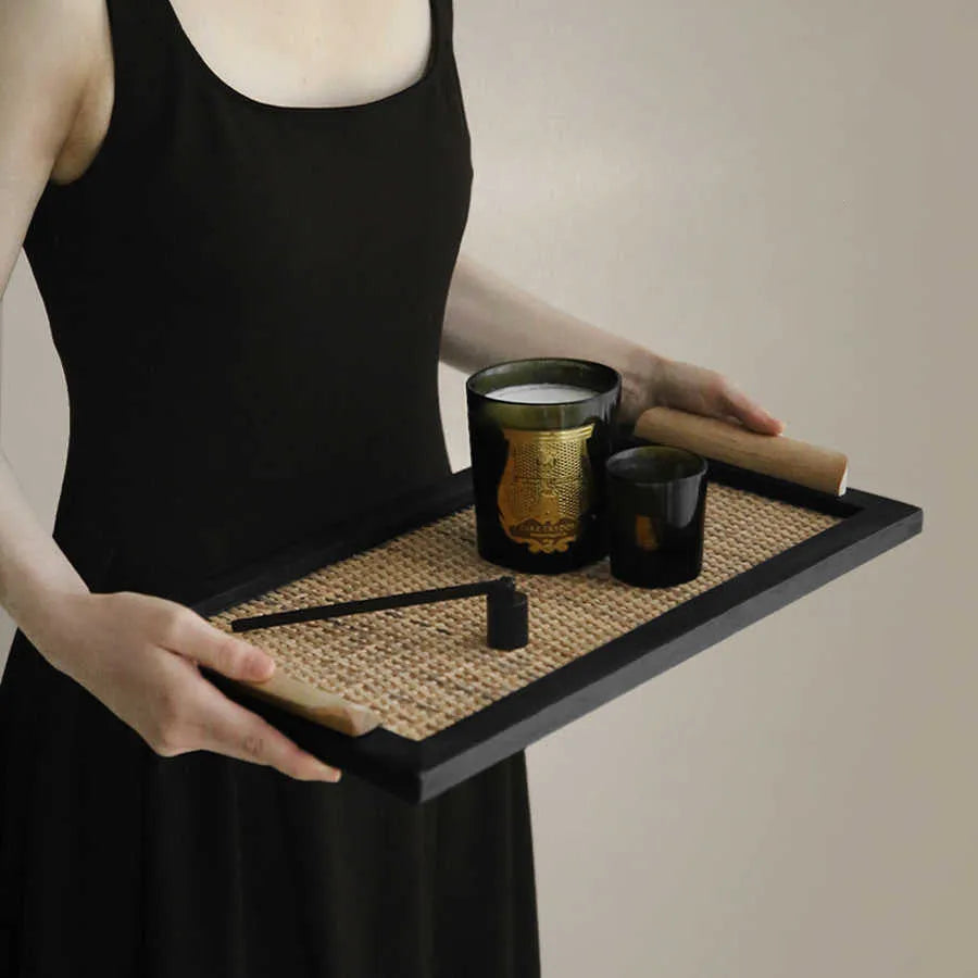 Pine wood dining tray with multiple compartments shown in large and small size options.