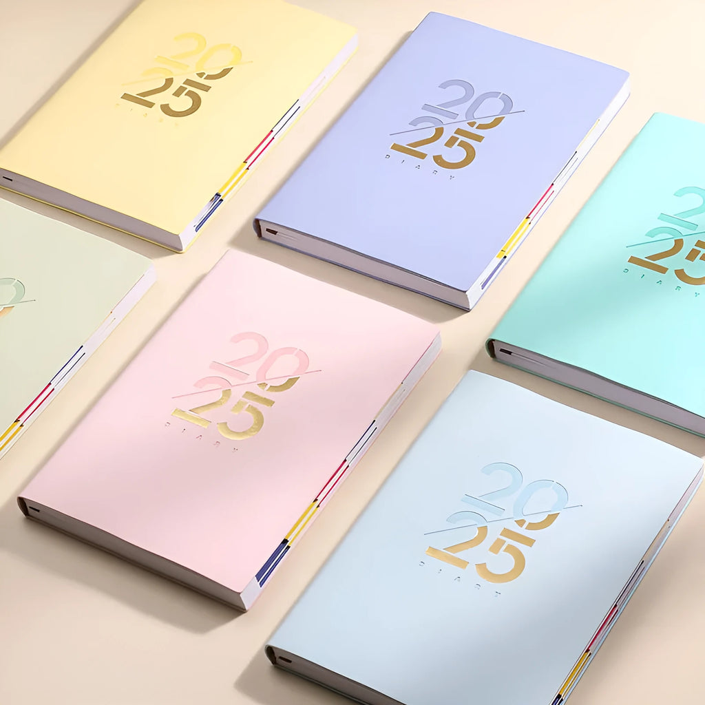 A5 daily planner with soft faux leather cover open to show dot grid pages