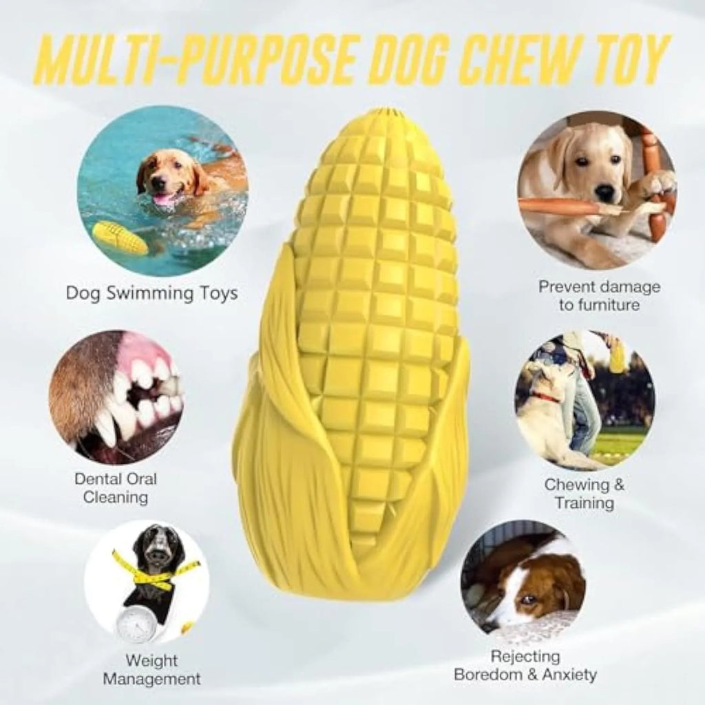 Blue and yellow corn-shaped dog chew toy for aggressive chewers with surface texture grooves