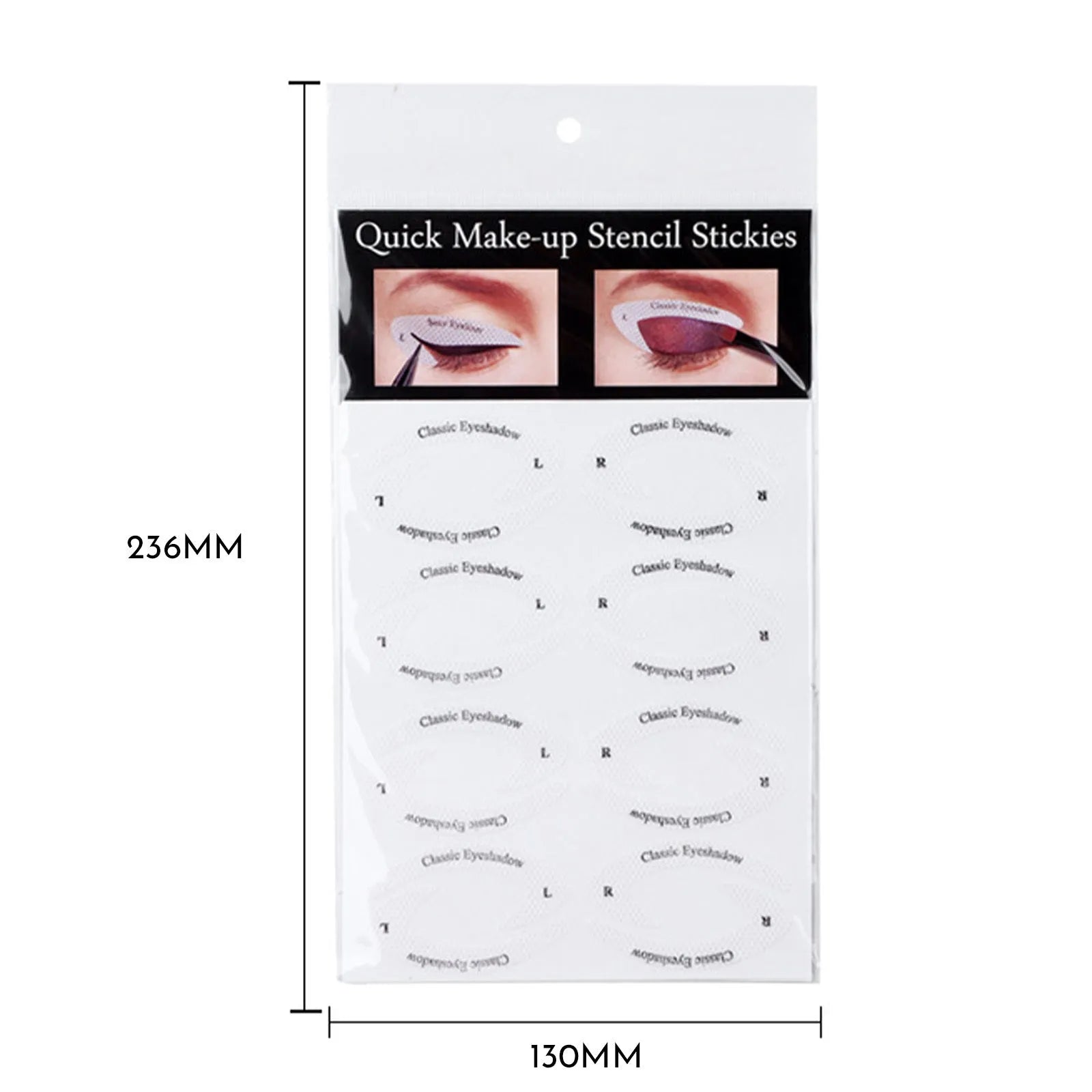 Set of four reusable flexible eyeliner and eyeshadow makeup stencil stickers on a pink background.