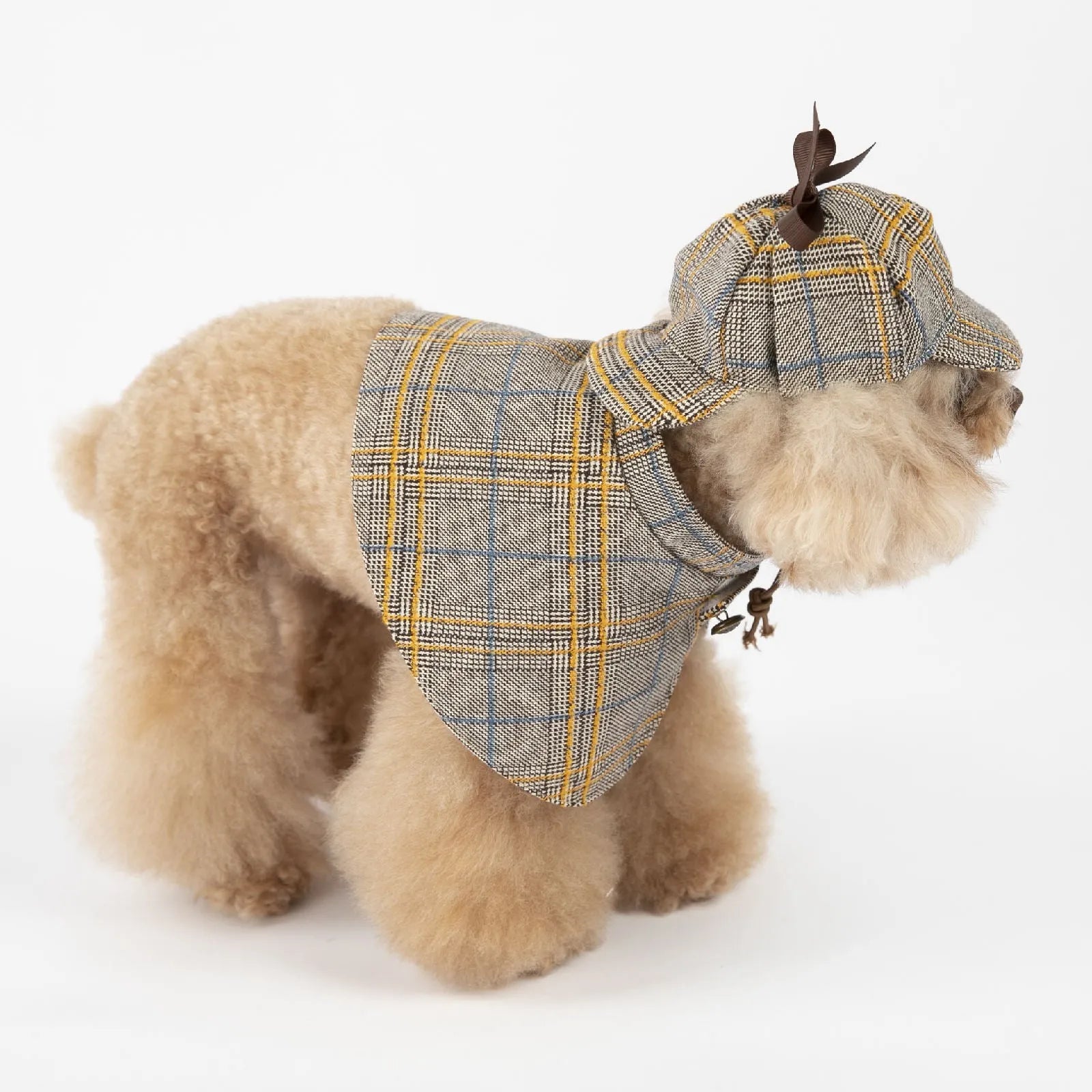 Camel-coloured cotton cloak with adjustable hat for a dog or cat, showing the cloak's style and fit.