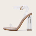 Apricot-coloured women's high heel sandals with clear glass heels and an ankle buckle strap.