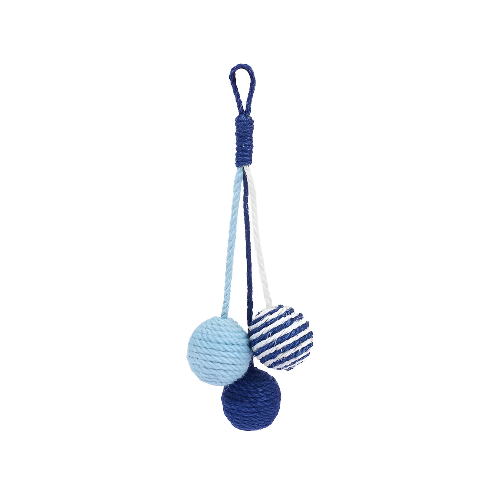 Four-piece cat toy set with teaser stick, catnip ball, and self-play toys on blue background