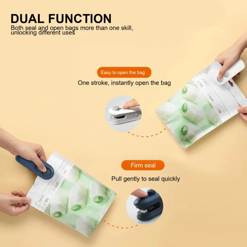 White and blue handheld USB heat sealer with cutter blade on a kitchen counter.