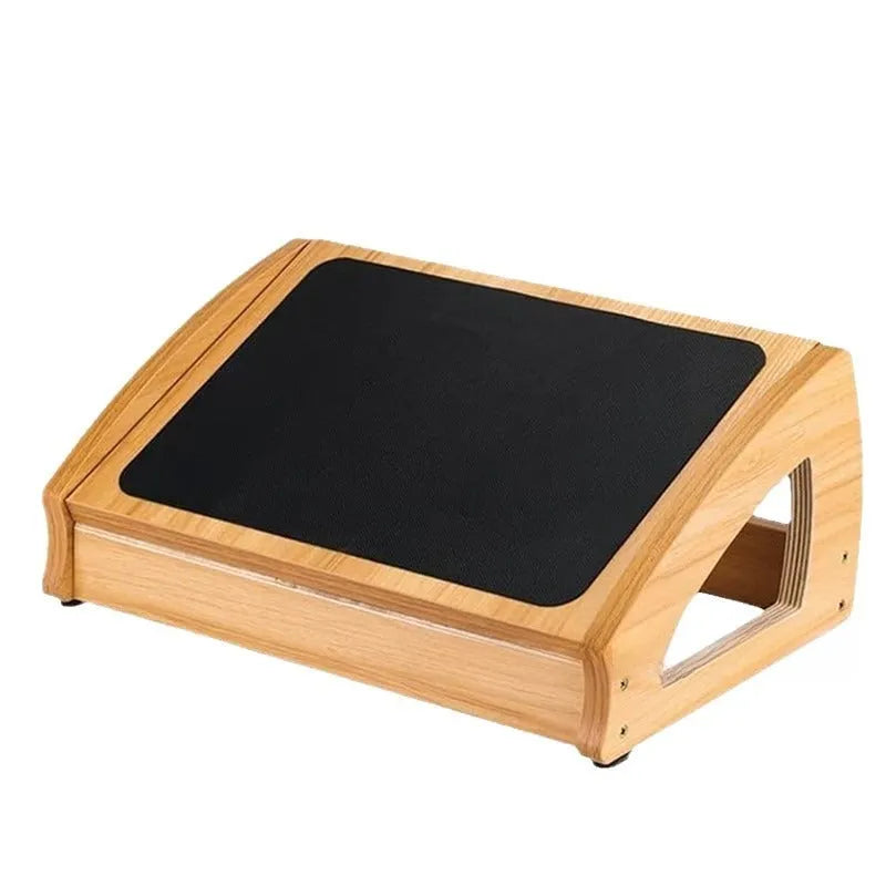 Adjustable bamboo office desk footstool in natural wood colour with modern simple design