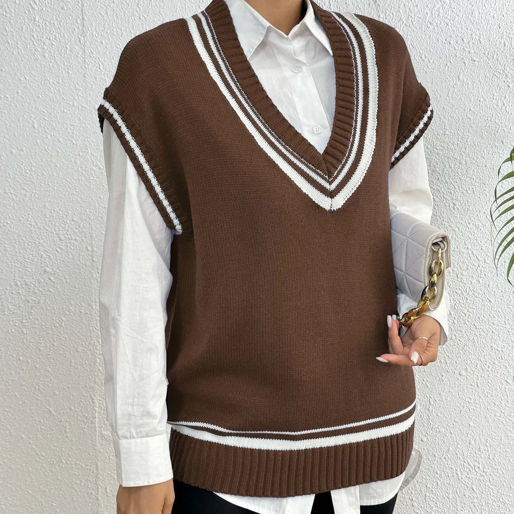 Women's college style wool vest sweater in acrylic-polyester blend available in black, blue, coffee colours