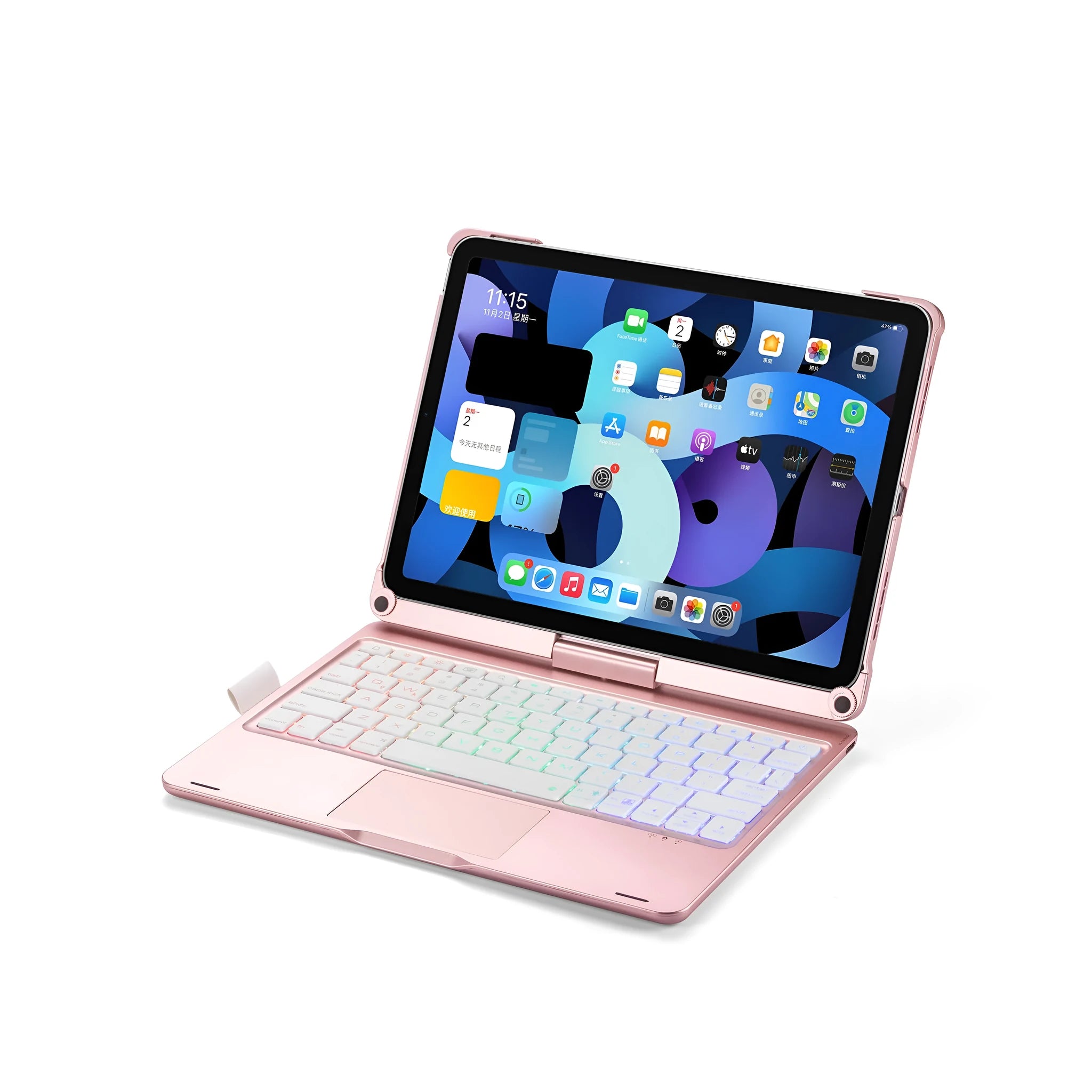 360-degree rotating Bluetooth keyboard with touch backlight for iPad in black, silver, or rose gold