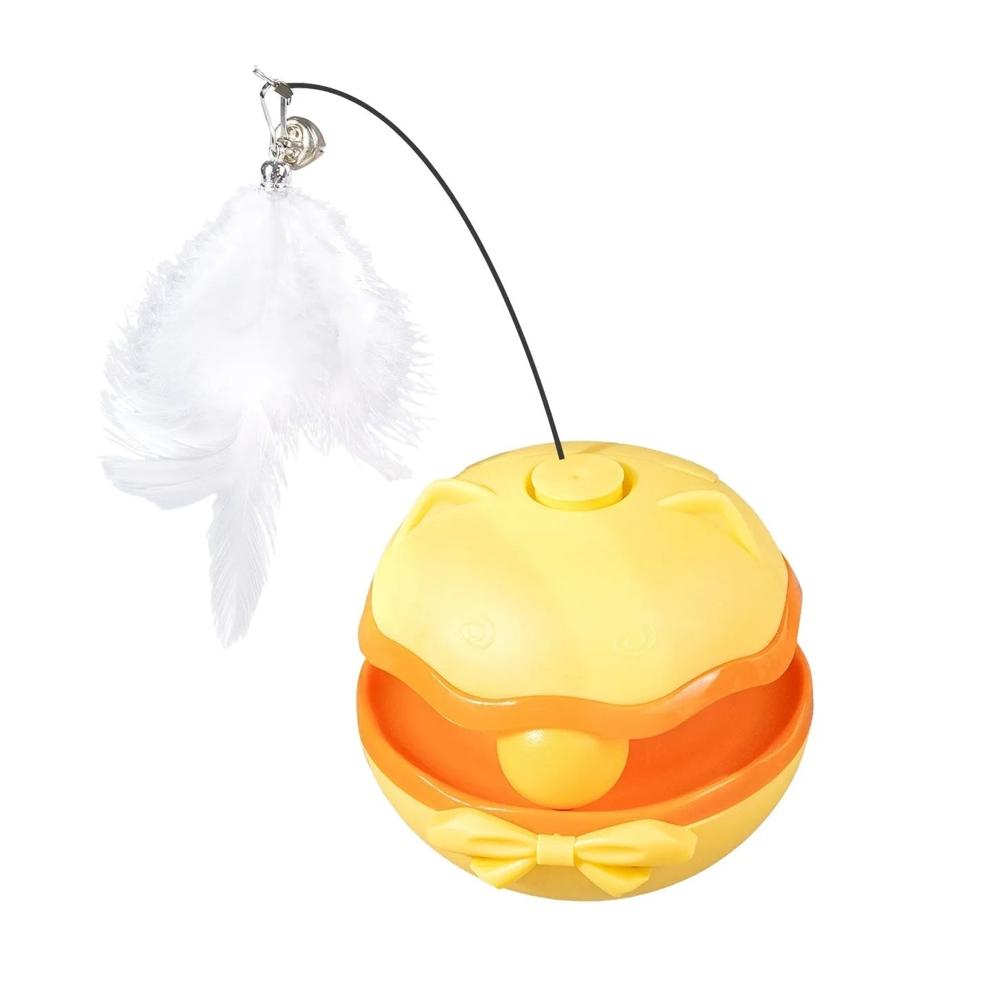Electric self-tumbling cat teaser wand toy in lemon yellow, sky blue, or soft fog grey.