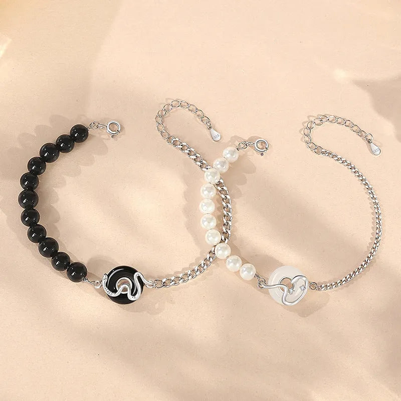 New Chinese style 925 sterling silver bracelet with snake design, obsidian pearl, and safety buckle clasp.