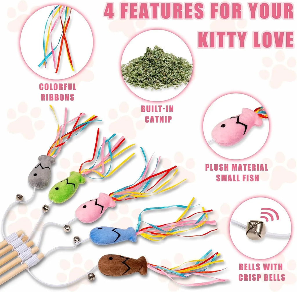 Wooden handle cat wand toy with catnip fish, colourful ribbons and bell attachment