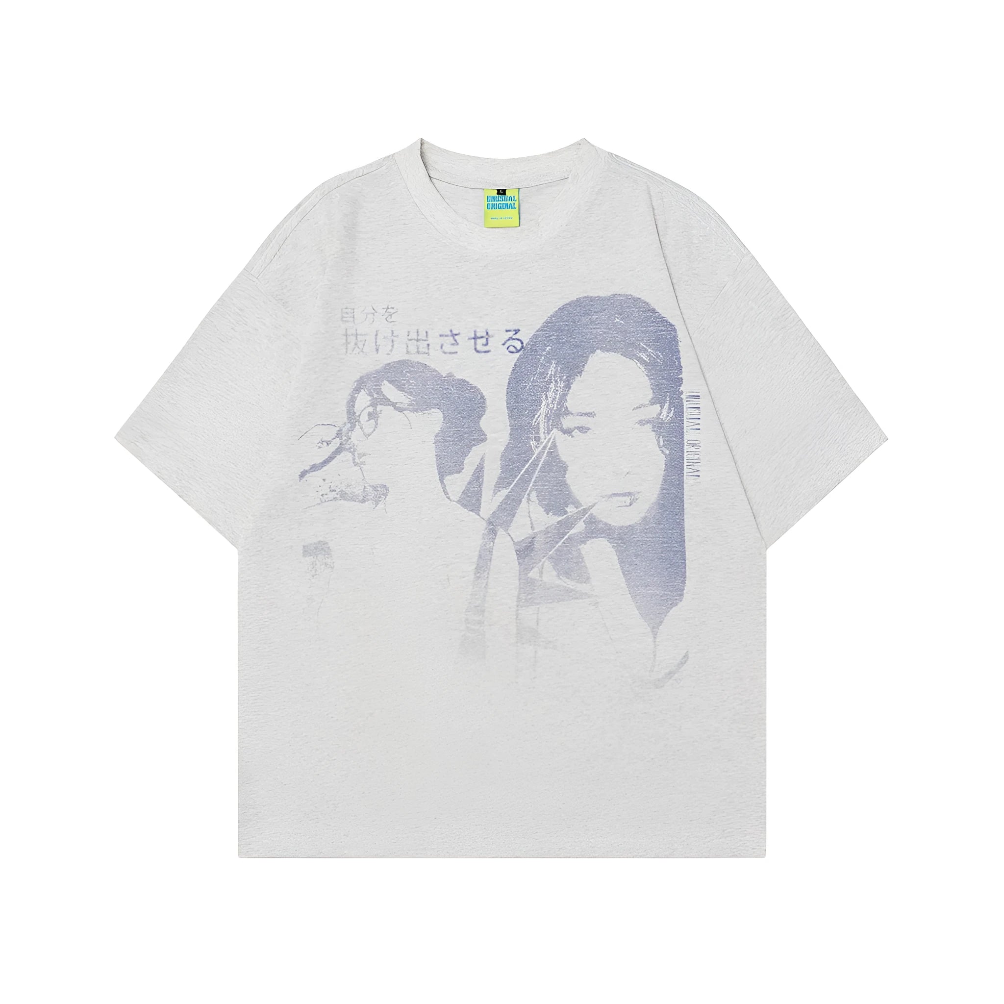 Men's grey retro character design cotton T-shirt with short sleeves and loose fit
