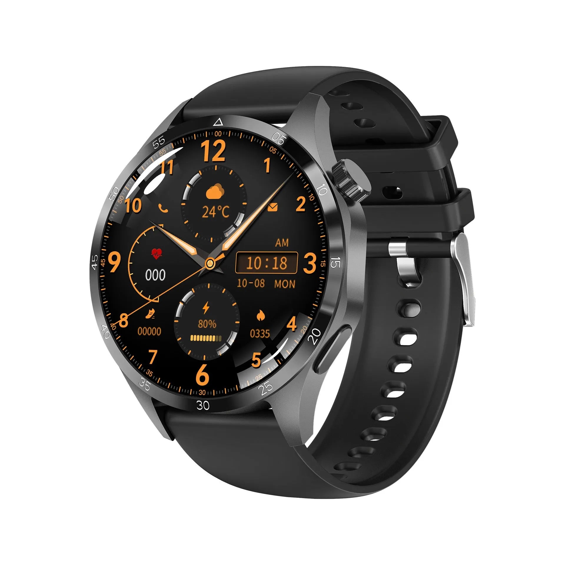 Black smartwatch with Bluetooth calling on a silicone strap, showing a TFT display with health metrics.