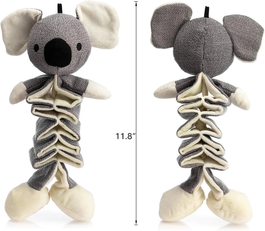 Grey koala stuffed dog toy measuring 30cm long with plush limbs and durable cloth body.