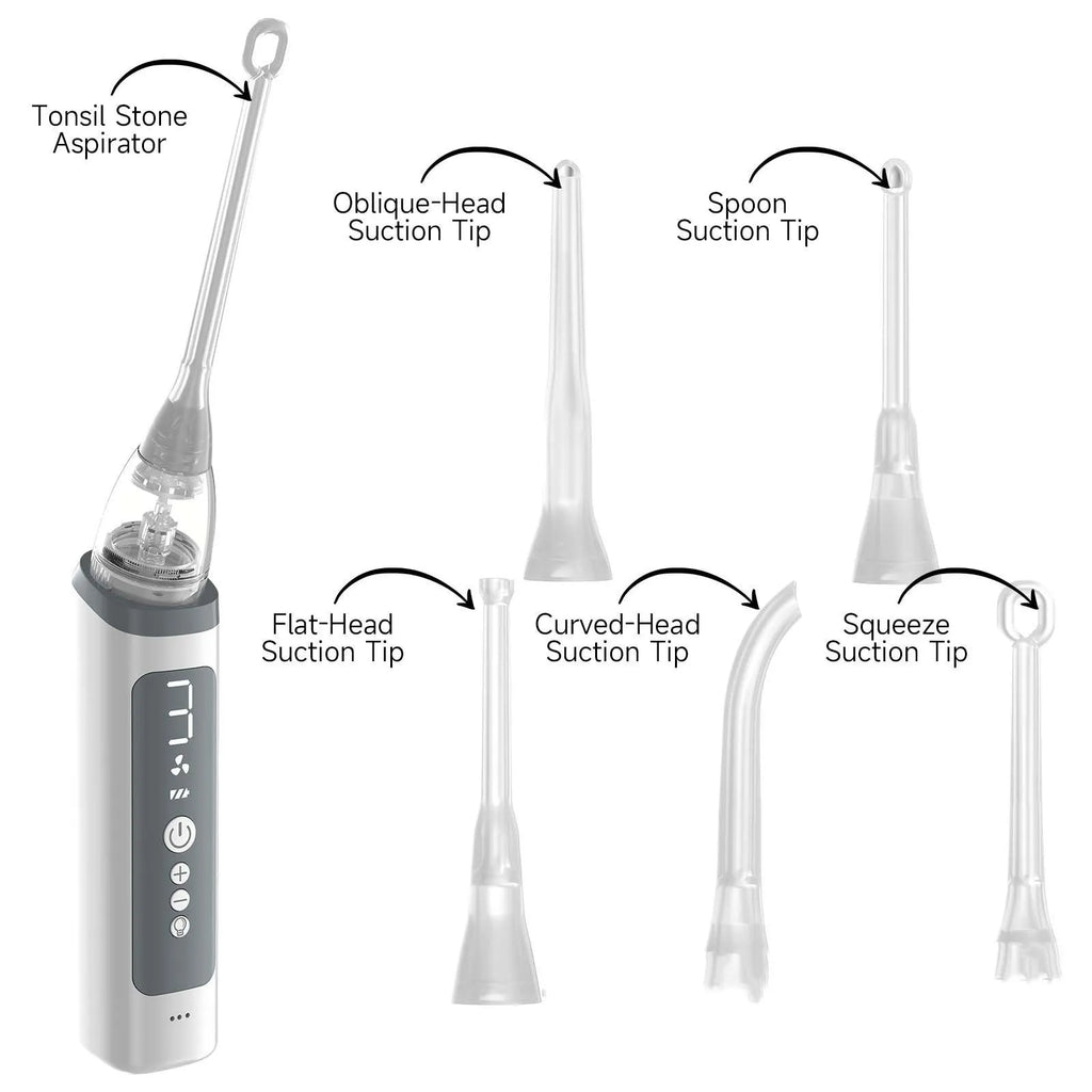 Milky white tonsil stone remover oral cleaning tool with built-in light on a white background.