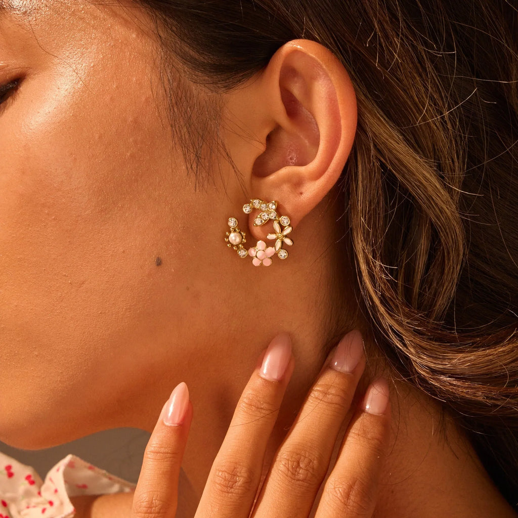 Colourful flower stud earrings with petal design on stainless steel posts