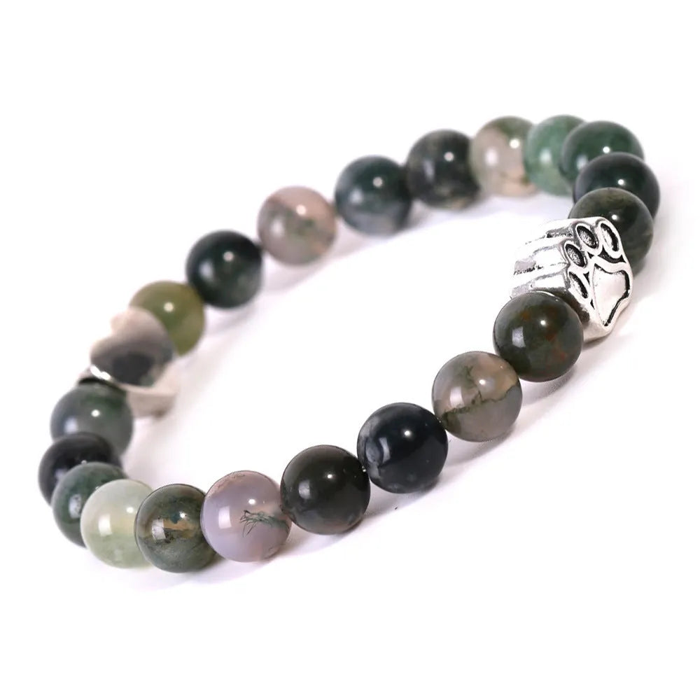 Tigereye Indian agate bracelet with geometric heart charm and dog's paw motifs on wrist