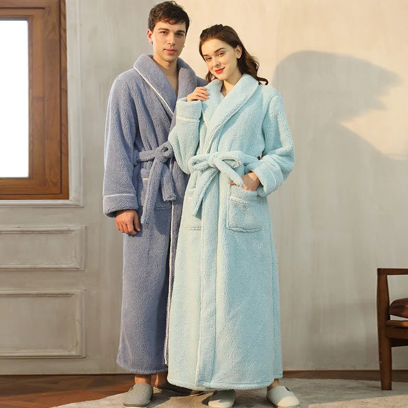Super thick flannel winter bathrobe couple set shown in navy blue and grey colour options.