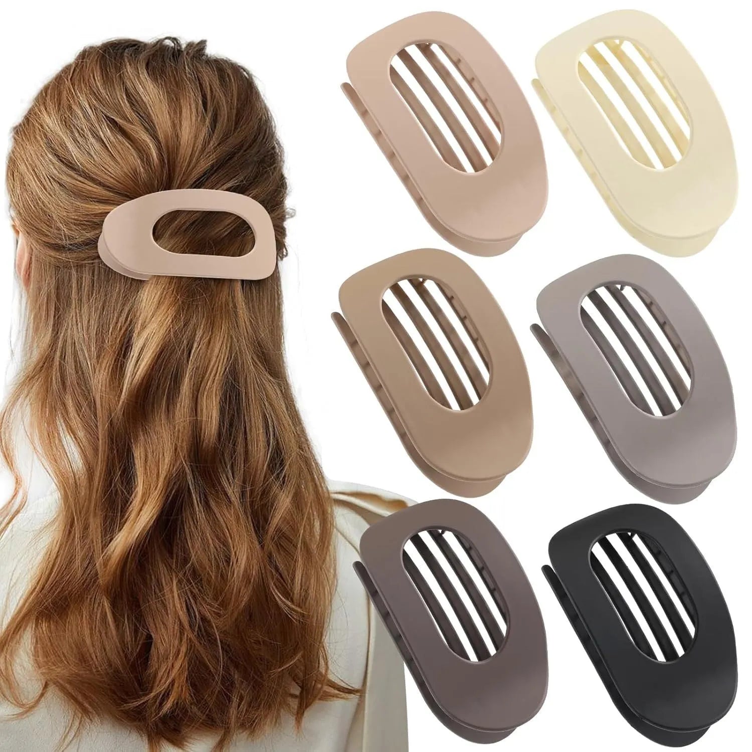 Six rose red plastic hair clips with frosted grip and pointed toe design