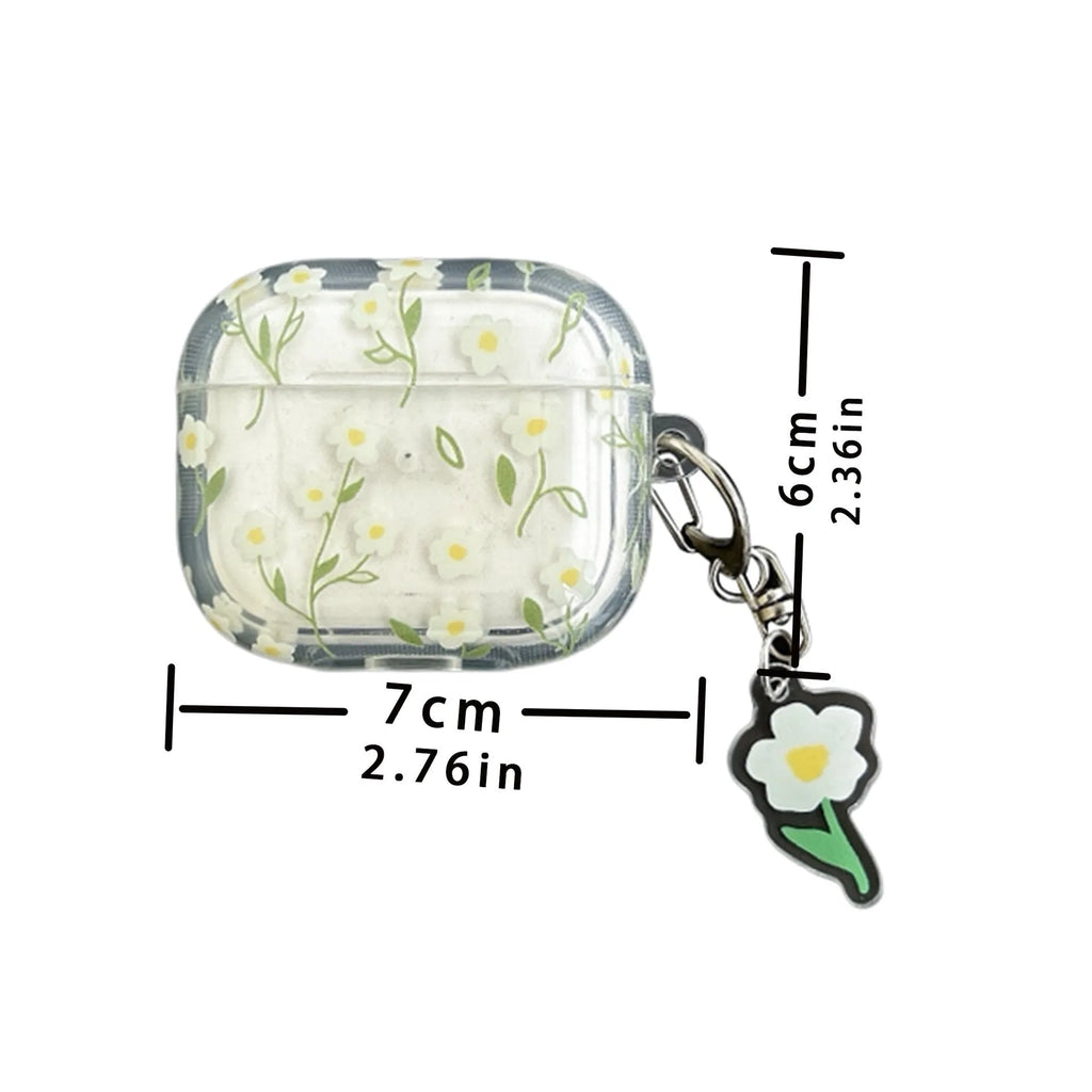 Transparent TPU AirPods case cover with white floral design showing compatibility with multiple Apple AirPods models