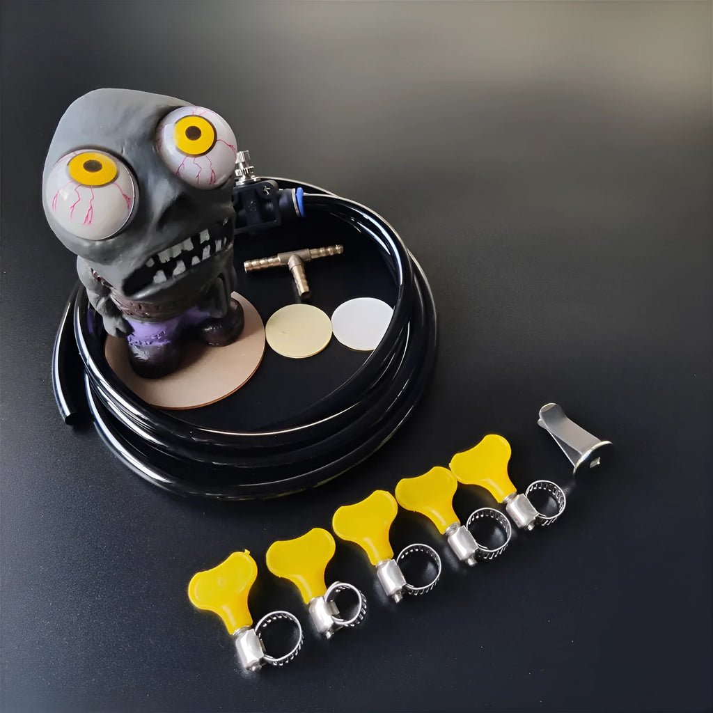Turbo car blow-off valve sound kit showing rubber doll, pressure valve, copper tube, PU hose, and mounting clips.