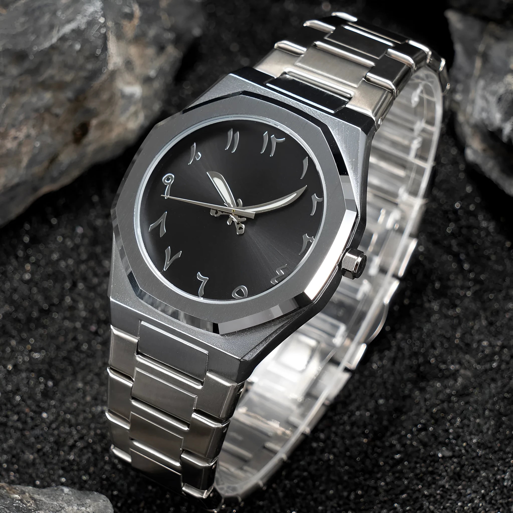 Men's business casual watch with stainless steel strap showing three colour options