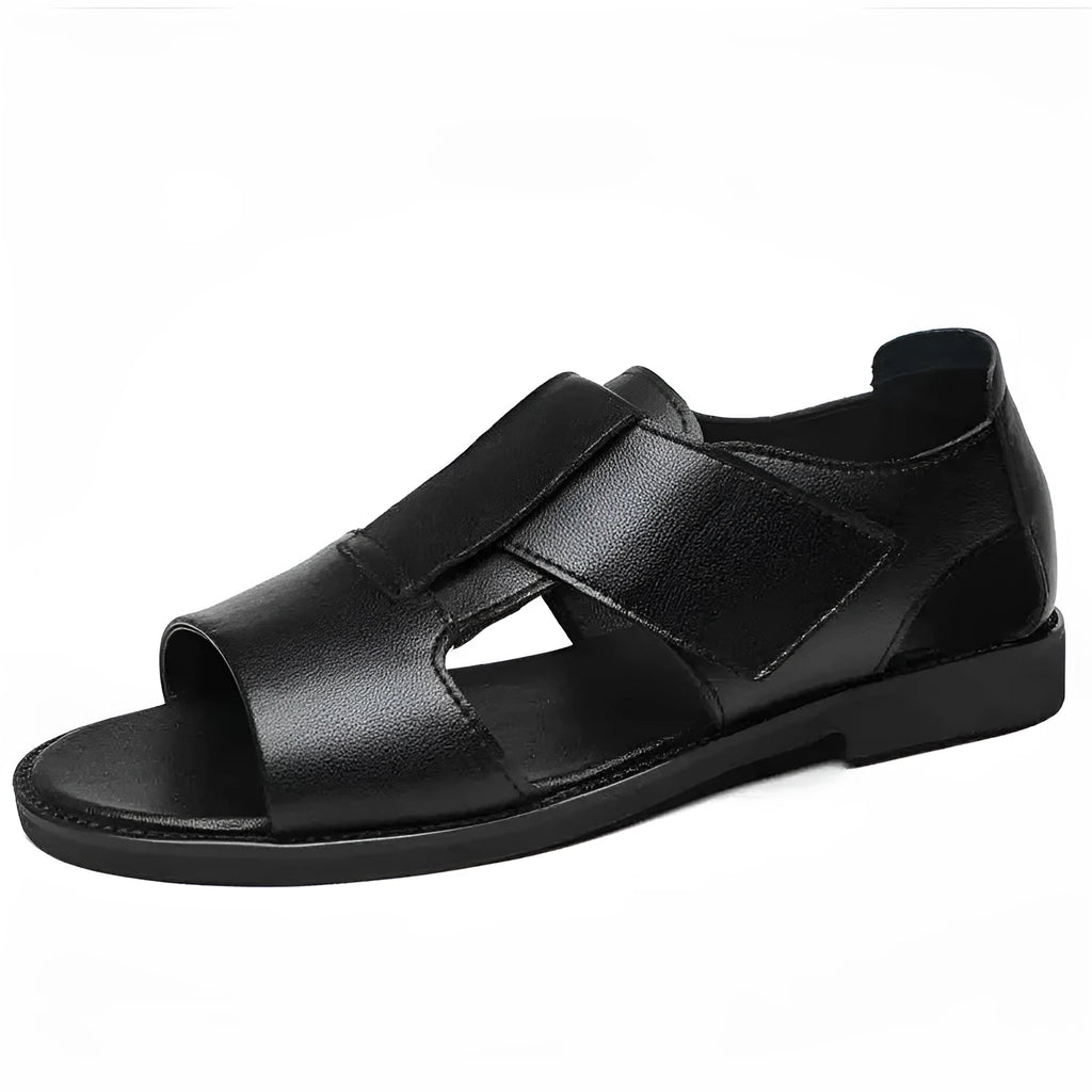 Men's black and brown leather casual sandals with open toe design and rubber soles