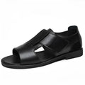 Men's black and brown leather casual sandals with open toe design and rubber soles