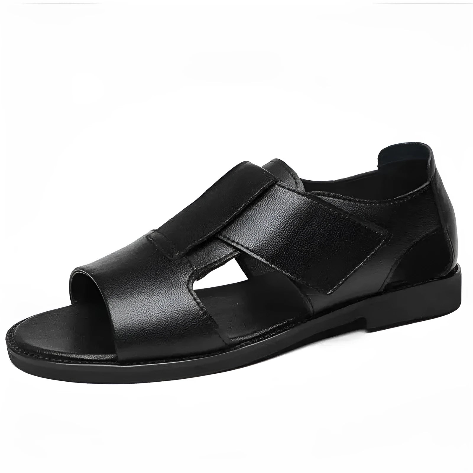 Men's black and brown leather casual sandals with open toe design and rubber soles