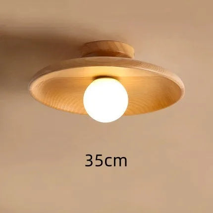 Modern solid wood ceiling lamp with glass shade in wood or walnut finish, available in three sizes.