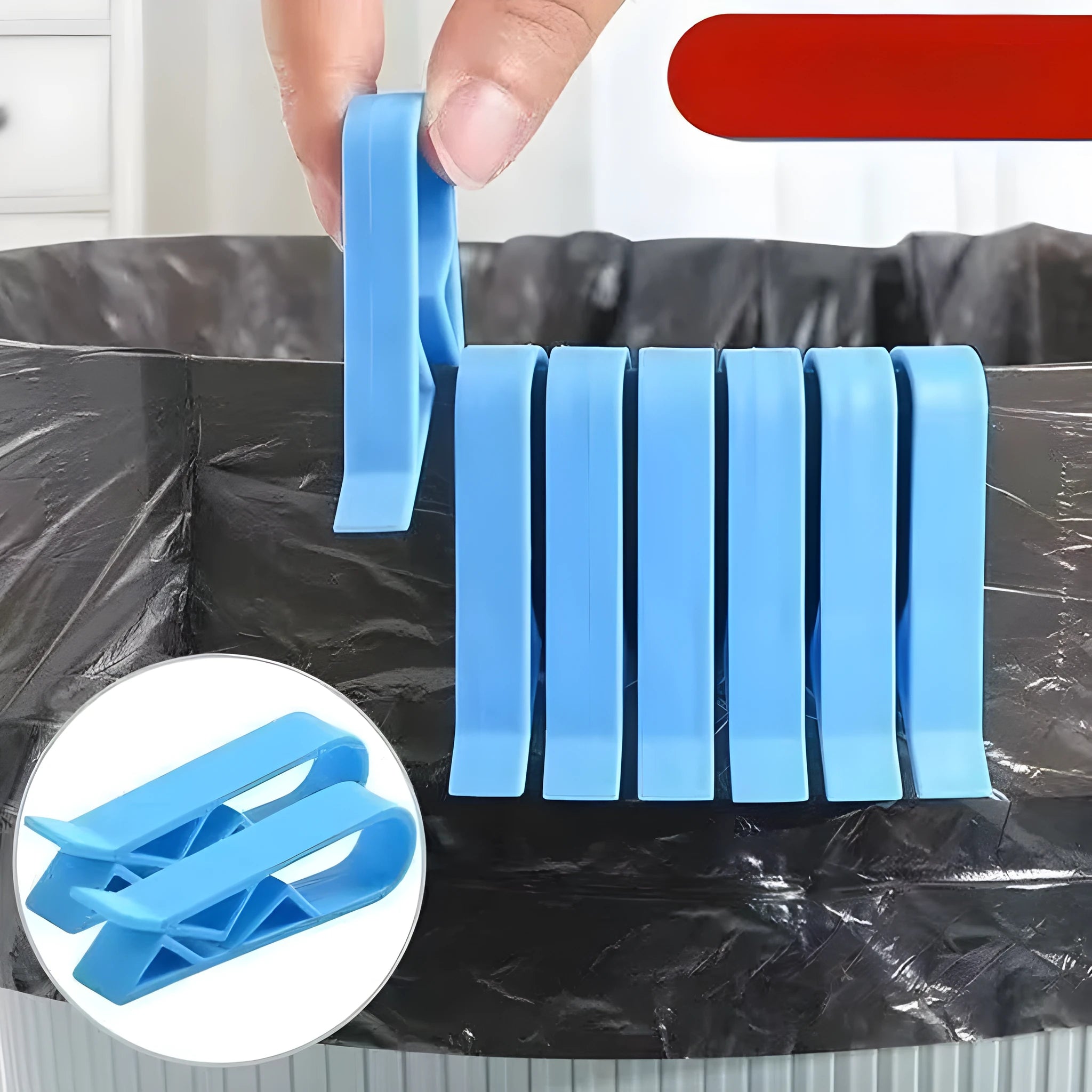 A white PP plastic non-slip clip designed to secure a garbage bag to the side of a trash can.