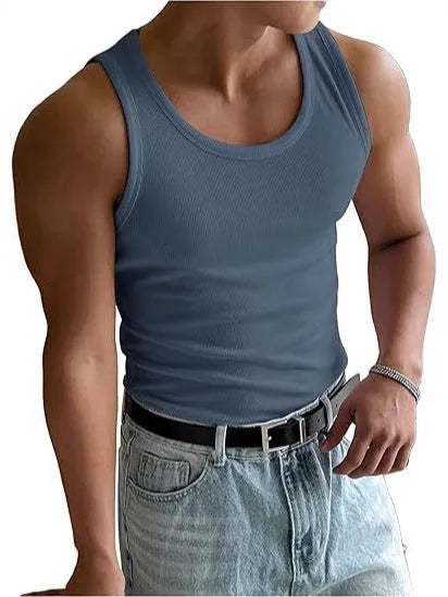 Men's tight fit round neck sports t-shirt in black, shown on a model for summer workouts.